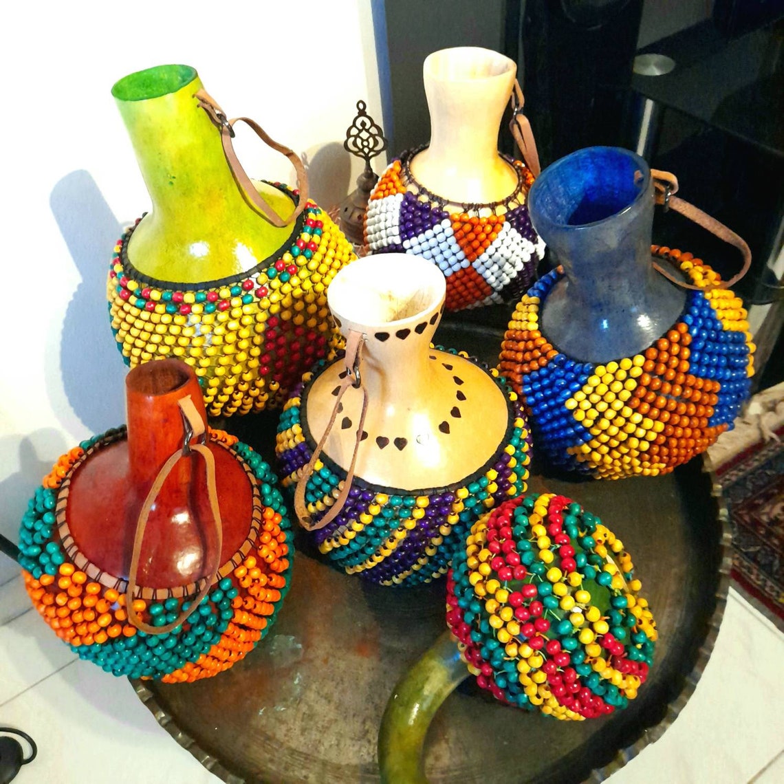 Colorful Wood Beaded Gourd Rattle Shekere Rhythm Percussion Etsy