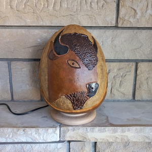 Handmade Bison Gourd Lamp: Rustic Buffalo Home Decor