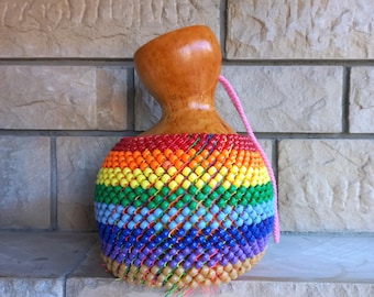 Handcrafted Rainbow Beaded Shekere - Gourd Rattle Latin Percussion Instrument