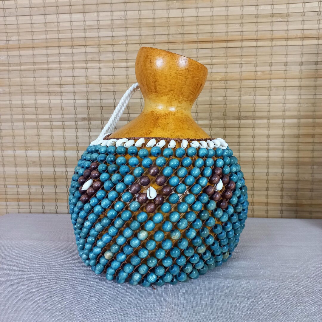 Artisan Wood Beaded Shekere - Turquoise & Cowrie Shell Gourd Shaker ...