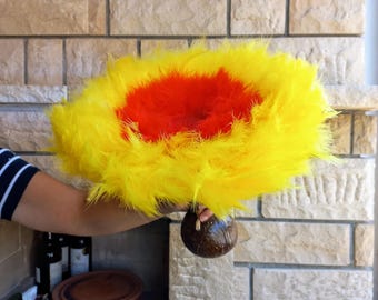 Yellow and red Hawaiian Large Uli Uli Rhythm Instruments, Coconut Shell with Feathers, Gift for Partner
