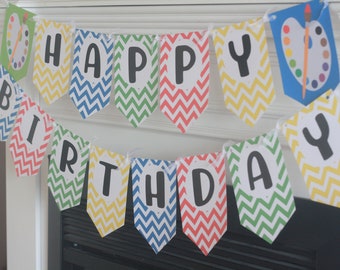 Art Artist Painter Paint Primary Color Chevron "Happy Birthday" Birthday Banner Sign Decor - Yellow, Green, Red & Blue