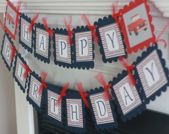 Vintage Red Truck Pickup Truck "Happy Birthday" Birthday Banner Sign Decor - Red & Navy Blue Chevron + More Colors