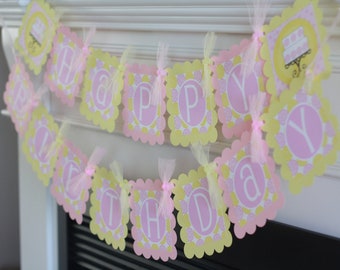 Lemonade Stand Yellow Strawberry Lemon Cake "Happy Birthday" Birthday Banner Sign Decorations - Yellow & Pink + More Colors