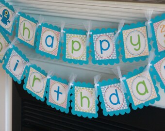 Monster One-Eyed Monster Bash "Happy Birthday" Birthday Banner Sign Decorations - Turquoise, Green, Red, Yellow, & Blue + More Colors