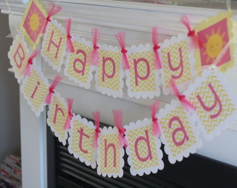 Sunshine You are My Sunshine Sun Theme Party "Happy Birthday" Birthday Banner Sign Decor - Blue, Pink, Orange, Lavender, Grey & Yellow