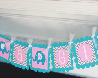 Elephant Jungle Animal "Its a Boy" or "Its a Girl" Baby Shower Banner Sign Party Decorations - Pink Turquoise or Blue Green & More Colors