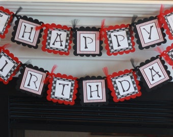 Pirate Boy Ship Wheel Captain Hook Hat Treasure "Happy Birthday" Birthday Banner Sign Decorations - Red & Black + More Graphics Options