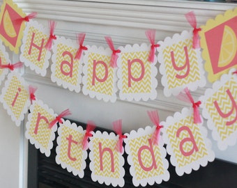 Lemonade Stand Yellow Strawberry Lemon Cake "Happy Birthday" Birthday Banner Sign Decorations - Yellow & Hot Pink Chevron + More Colors