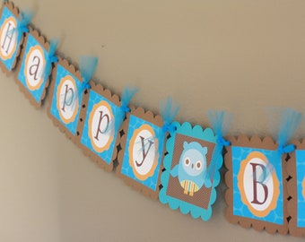 Owl Woodland Creature "Happy Birthday" Birthday Banner Sign Decorations - Turquoise, Orange & Brown + More Colors