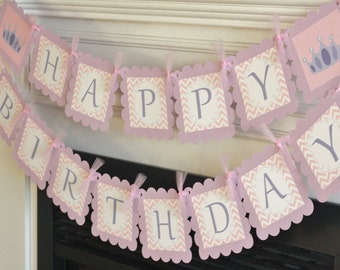 Princess Crown Tiara Chevron "Happy Birthday" Birthday Banner Sign Decorations - Pink, Grey, Lavender, Blue + More Colors