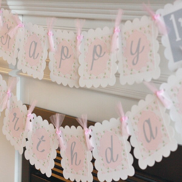 Shabby Chic Rose Vintage Rose "Happy Birthday" Birthday Banner Sign Decorations - Pink, White & Grey + More Colors