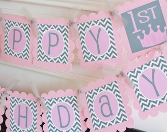 Princess Crown Tiara Chevron "Happy Birthday" Birthday Banner Sign Decorations - Pink, Grey, Lavender, Blue + More Colors