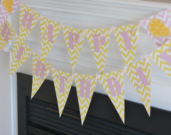 Lemonade Stand Yellow Strawberry Lemon Cake "Happy Birthday" Birthday Pennant Flag Banner Sign Decor - Yellow & Pink Chevron + More Colors