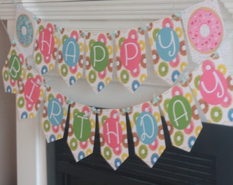 Donut ONE Bakery Doughnut "Happy Birthday" Birthday Banner Sign Decorations - Pink, Blue, Green, Turquiose + More Colors