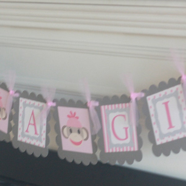 Sock Monkey "Its a Boy" or "Its a Girl" Baby Shower Banner Sign Decor - Pink, Blue, Green, Red, Brown & More Colors