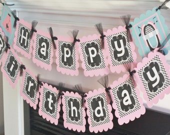 1950's 50's Sock Hop Vintage Retro Poodle Skirt "Happy Birthday" Birthday Banner Sign Decorations - Pink, Blue + More Colors