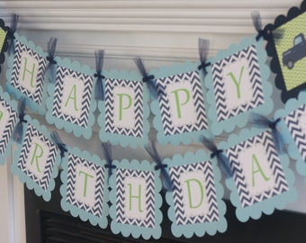 Vintage Navy Blue Truck Pickup Truck "Happy Birthday" Birthday Banner Sign Decor - Green, Light Blue & Navy Blue Chevron + More Colors