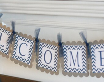 Umbrella Baby Sprinkled with Love "Its a Boy" "Its a Girl" or "Welcome Baby" Baby Shower Banner Sign Decor - Navy, Pink, Grey & More Colors