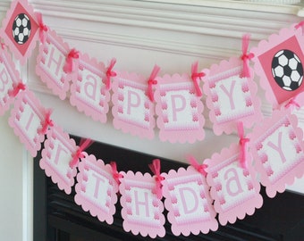 Soccer Sports Party Chevron or Dot "Happy Birthday" Birthday Banner Sign Decor - Pink, Black or Turquoise + More Colors