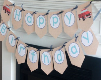 Truck Vintage Antique Red Truck "Happy Birthday" Birthday Banner Sign Decorations - Red, Blue, Brown + More Colors