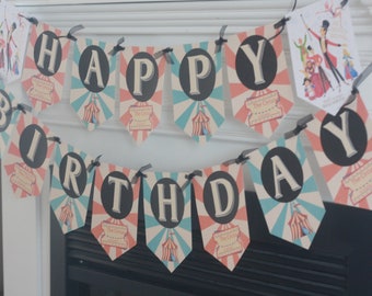 Greatest Showman Vintage Circus Tent Elephant Animal "Happy Birthday" Birthday Banner Sign Decor - Red & Blue + Other Colors Available