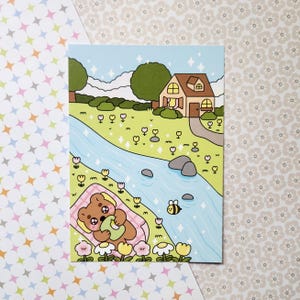 Impressão de cartão postal "Lendo à beira do lago"