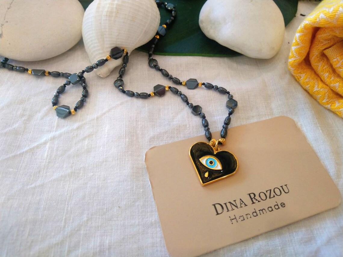 Greek eye heart necklace Love charm necklace Heart beaded Etsy