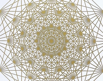 DEMIHEPTERAKT – 50 × 50 cm – Sacred Geometry Linocut – Gold/White