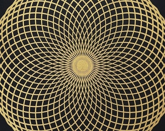 LOTUS OF LIFE – 50 × 50 cm – Sacred Geometry Torus Linocut – Gold/Black