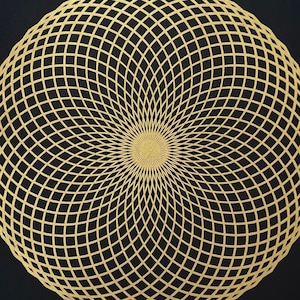 May include: A gold geometric design on a black background. The design is a circle with a series of concentric circles radiating outward from the center.