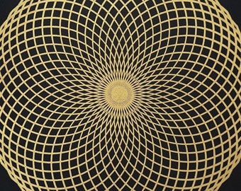 LOTUS DES LEBENS – 50 × 50 cm – Heilige Geometrie Torus Linoldruck – Gold/Schwarz