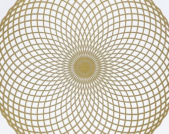 LOTUS OF LIFE – 50 × 50 cm – Sacred Geometry Torus Linocut – Gold/White