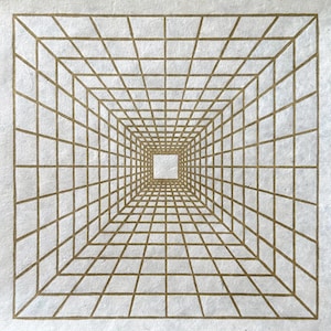 May include: Square artwork featuring a gold grid pattern that recedes into a central square. The artwork is on a textured, off-white paper with deckled edges. The grid creates a three-dimensional effect, giving the illusion of depth and perspective.