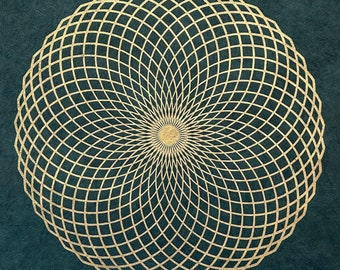 LOTUS DES LEBENS – 40 × 40 cm – Heilige Geometrie Torus Linoldruck – Gold/Smaragdgrün