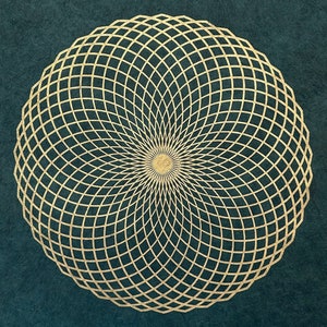 LOTUS OF LIFE – 40 × 40 cm – Stampa su linoleum Toro Geometria Sacra – Oro chiaro/Verde smeraldo