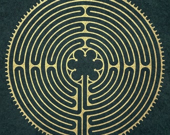 Large LABYRINTH of CHARTRES of Notre-Dame Cathedral - Ancient Symbol Linocut Print - Gold/Emerald Green