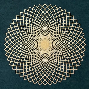 May include: A gold geometric mandala design on a dark green background. The mandala is a circular pattern with a repeating design of squares and triangles.