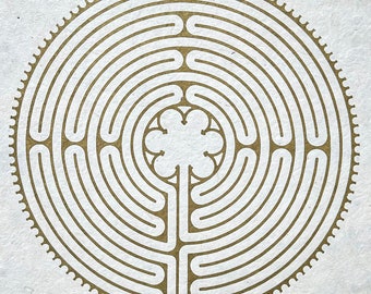 Large LABYRINTH of CHARTRES of Notre-Dame Cathedral - Ancient Symbol Linoprint - Gold/Hemp Natural