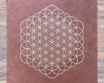 FLOWER OF LIFE – 35 × 35 cm – Sacred Geometry Linocut – Rosewood/Silver