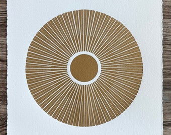 CENTRAL SUN – Sacred Geometry Linoleum Printing – Gold/White