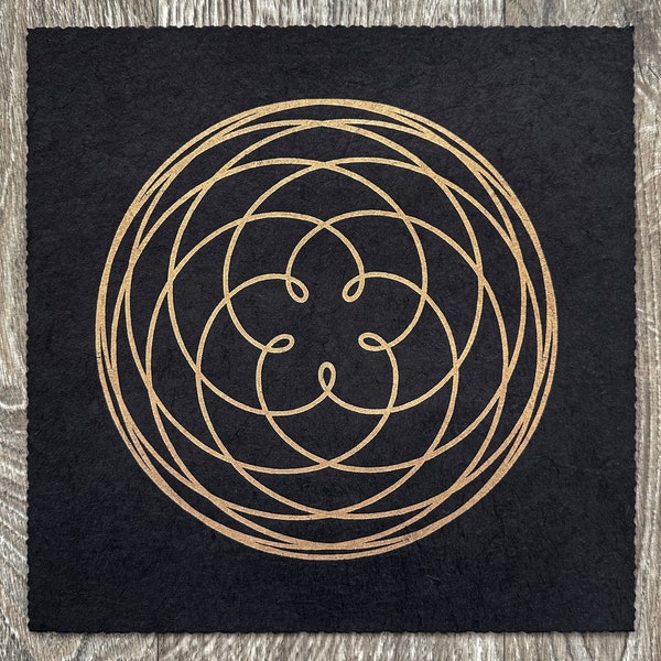ROSE OF VENUS – Heilige Geometrie Linoldruck – Gold/Schwarz
