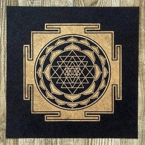 SRI YANTRA 35 35 cm Meditation linocut print Gold/Black image 1