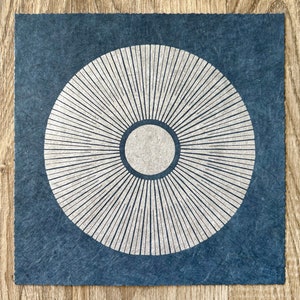 CENTRAL SUN – Sacred Geometry Lino Print – Silver/Indigo Blue