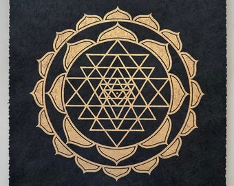 SRI YANTRA Lotus – Meditation Linocut Print – Gold/Black