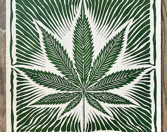 CANNABIS LEAF – 40 × 40 Cm – Marijuana Plant Linocut Print – Green