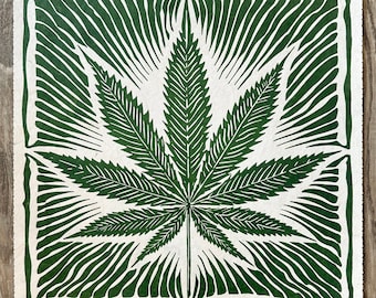 CANNABIS BLATT – 40 × 40 cm – Marihuana Pflanzen Linoldruck – Grün/Hanf-Natur