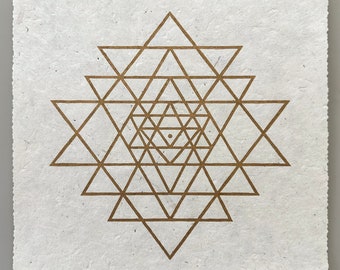 SRI YANTRA Symbol – Meditation Linocut Print – Gold/Natural
