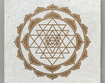 SRI YANTRA Lotus – Meditation Linocut Print – Gold/Natural