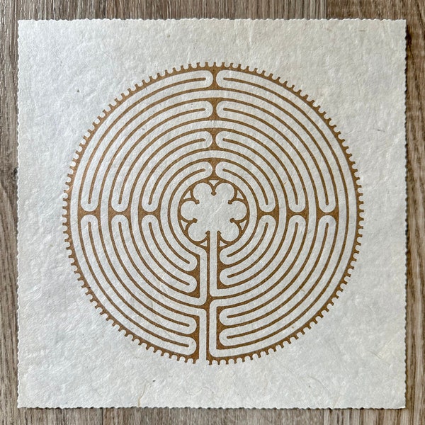 LABYRINTH of CHARTRES of Notre-Dame Cathedral - Ancient Symbol Linocut Print - Gold/Natural White
